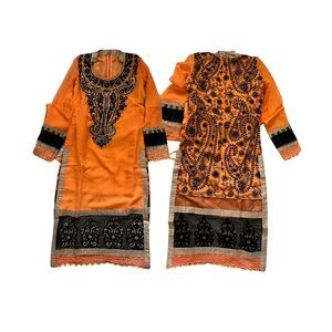 New Orange and Black Embroidered Georgette Salwar Kameez Women Size Small 34